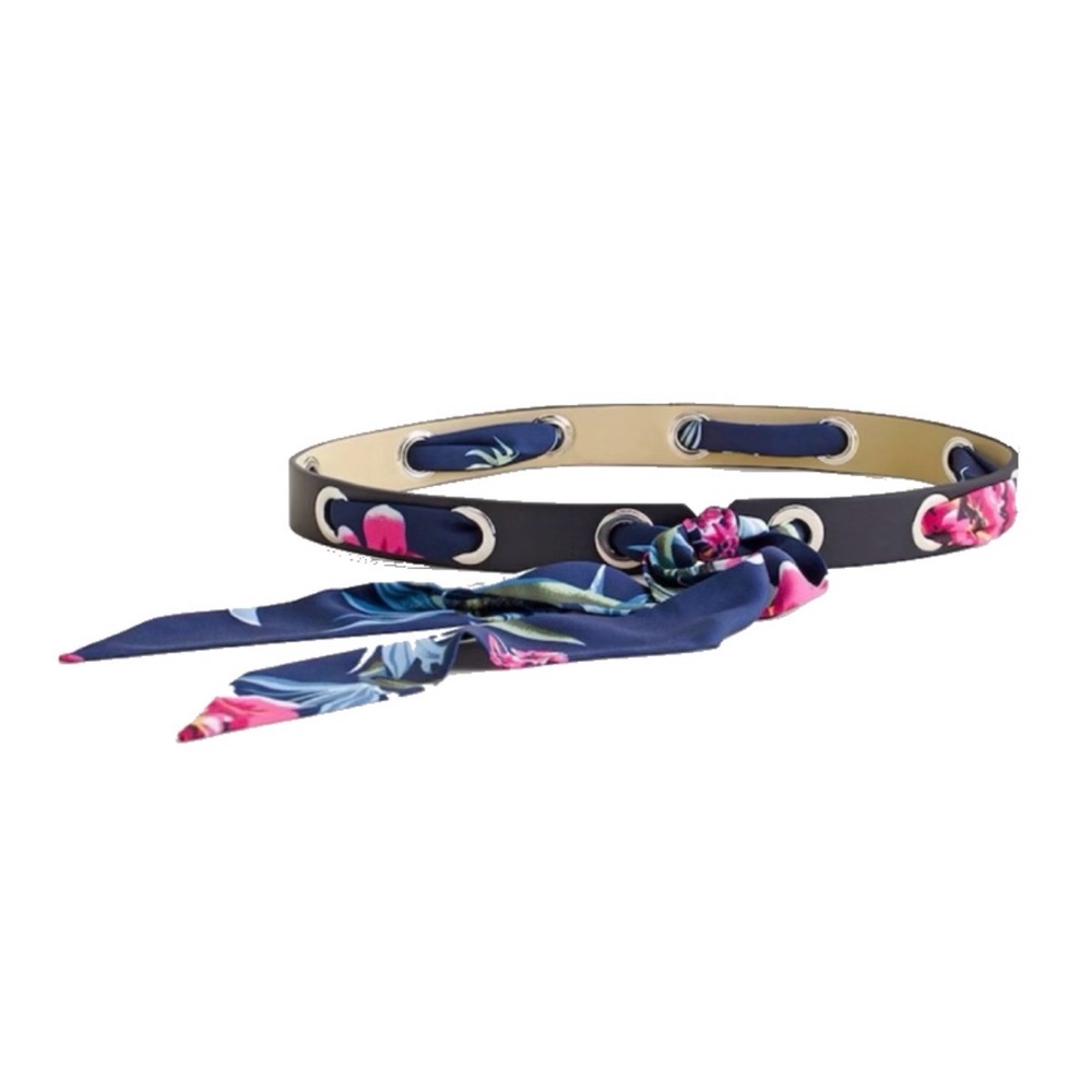 Black Faux Leather Scarf Belt w/Navy Floral Scarf
